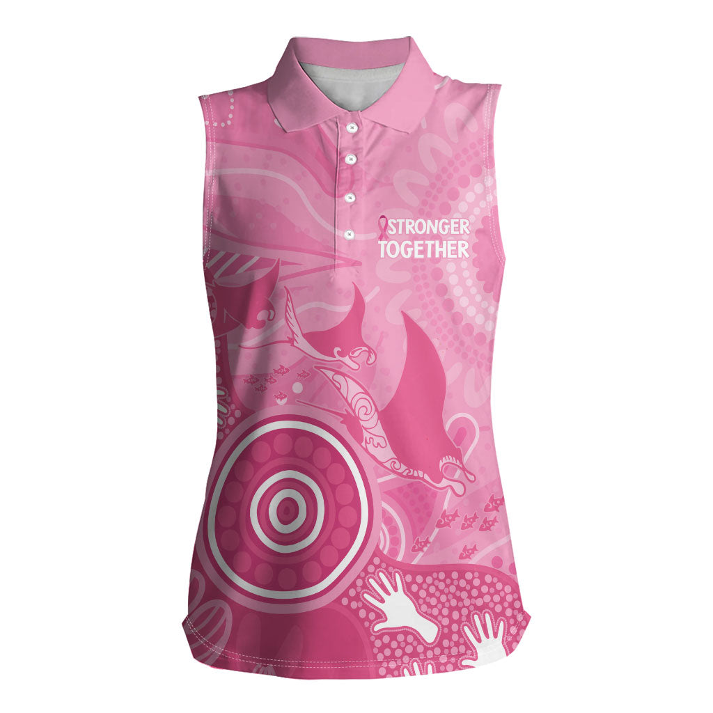 Australia Breast Cancer Support Women Sleeveless Polo Shirt Pink Ribbon Manta Ray Aboriginal Art