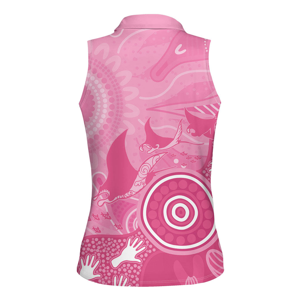 Australia Breast Cancer Support Women Sleeveless Polo Shirt Pink Ribbon Manta Ray Aboriginal Art
