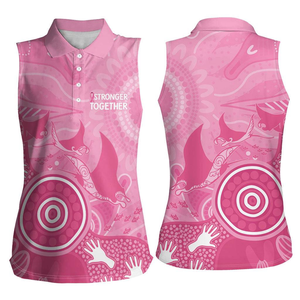 Australia Breast Cancer Support Women Sleeveless Polo Shirt Pink Ribbon Manta Ray Aboriginal Art