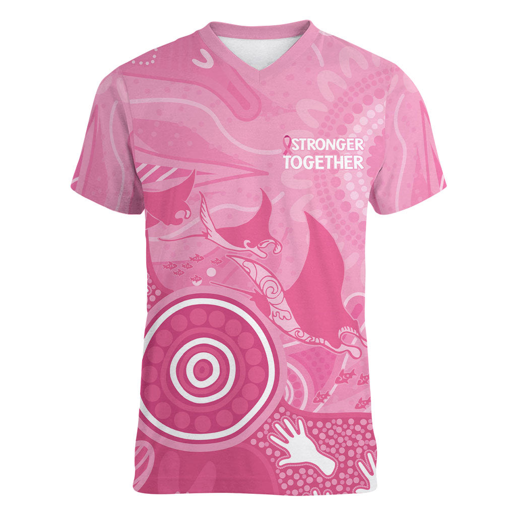 Australia Breast Cancer Support Women V-Neck T-Shirt Pink Ribbon Manta Ray Aboriginal Art