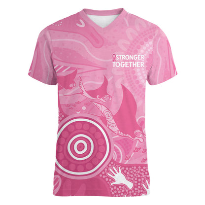 Australia Breast Cancer Support Women V-Neck T-Shirt Pink Ribbon Manta Ray Aboriginal Art