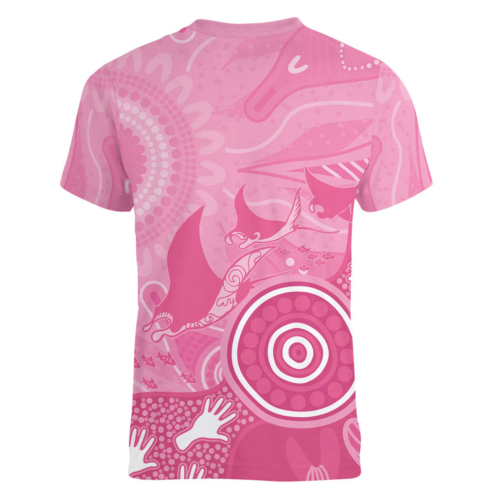 Australia Breast Cancer Support Women V-Neck T-Shirt Pink Ribbon Manta Ray Aboriginal Art