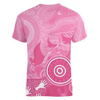 Australia Breast Cancer Support Women V-Neck T-Shirt Pink Ribbon Manta Ray Aboriginal Art