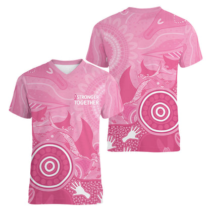 Australia Breast Cancer Support Women V-Neck T-Shirt Pink Ribbon Manta Ray Aboriginal Art