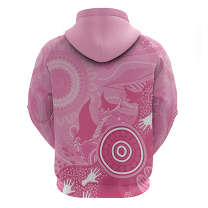 Australia Breast Cancer Support Zip Hoodie Pink Ribbon Manta Ray Aboriginal Art