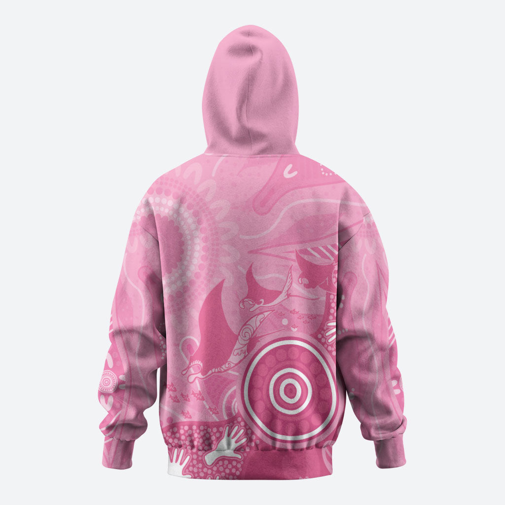Australia Breast Cancer Support Zip Hoodie Pink Ribbon Manta Ray Aboriginal Art