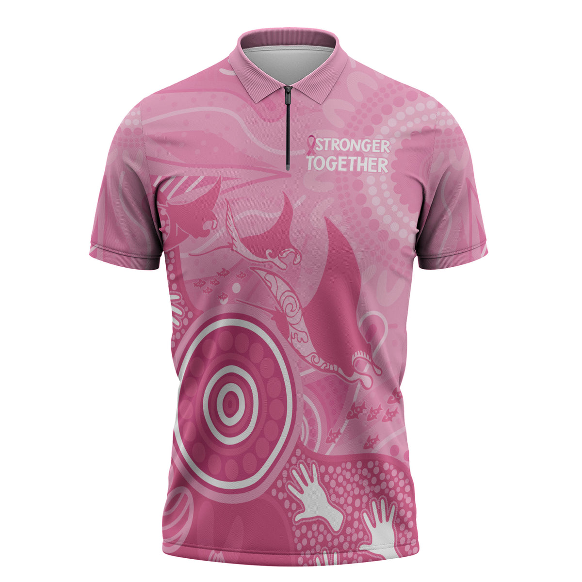 Australia Breast Cancer Support Zipper Polo Shirt Pink Ribbon Manta Ray Aboriginal Art