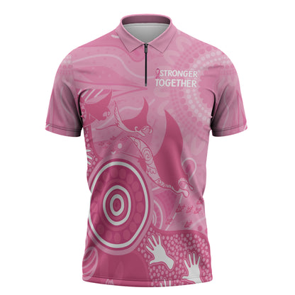 Australia Breast Cancer Support Zipper Polo Shirt Pink Ribbon Manta Ray Aboriginal Art