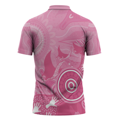 Australia Breast Cancer Support Zipper Polo Shirt Pink Ribbon Manta Ray Aboriginal Art