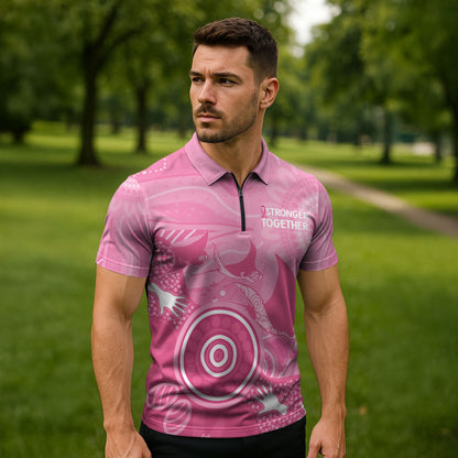Australia Breast Cancer Support Zipper Polo Shirt Pink Ribbon Manta Ray Aboriginal Art
