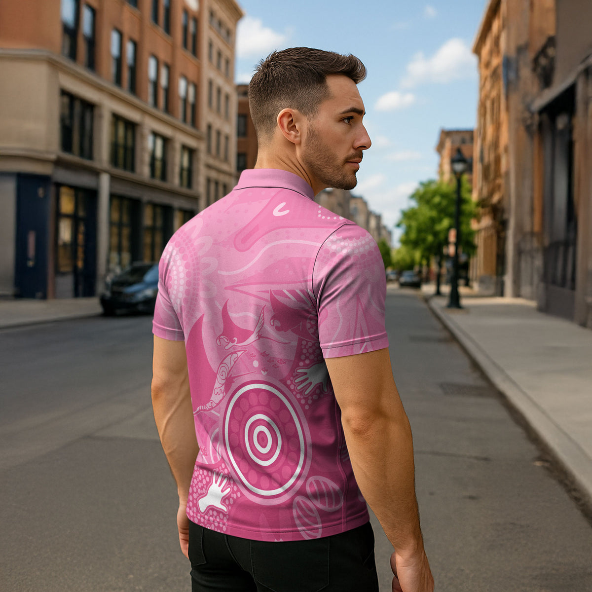 Australia Breast Cancer Support Zipper Polo Shirt Pink Ribbon Manta Ray Aboriginal Art