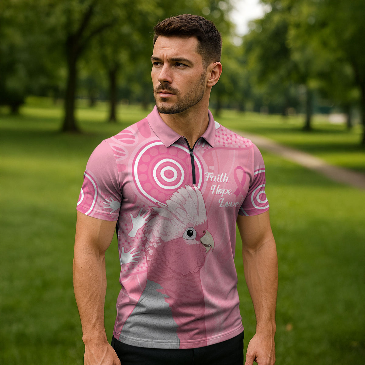 Australia Breast Cancer Support Zipper Polo Shirt Galah Faith Hope Love Pink Month