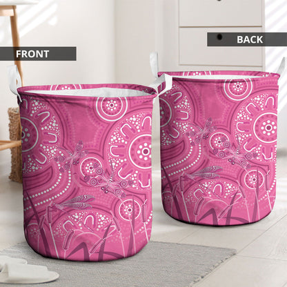 Australia Indigenous Pink Month Laundry Basket Breast Cancer Aboriginal Dragonflies Ribbon