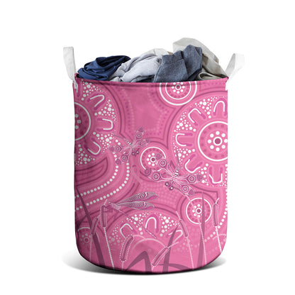 Australia Indigenous Pink Month Laundry Basket Breast Cancer Aboriginal Dragonflies Ribbon