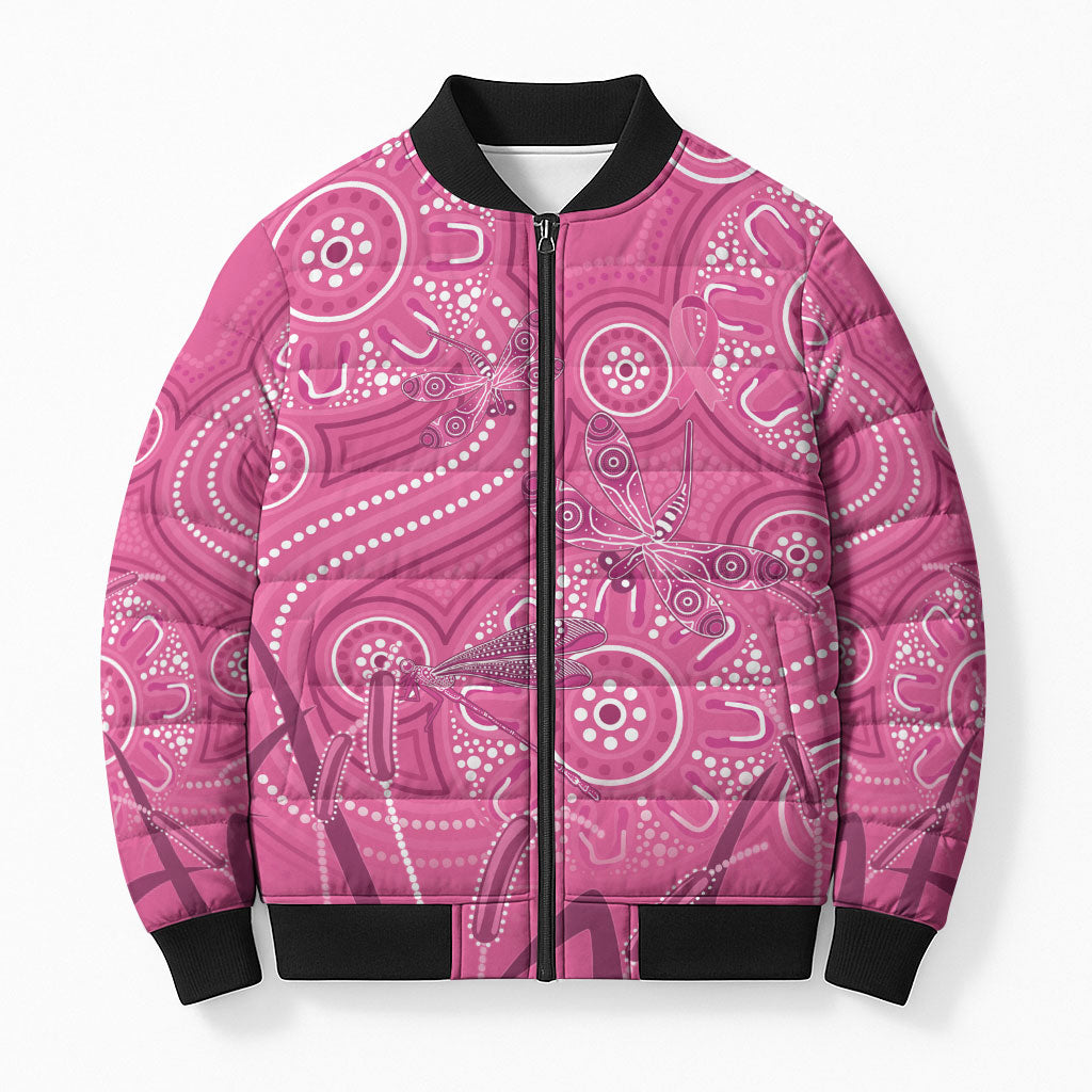 Australia Indigenous Pink Month Bomber Puffer Jacket Breast Cancer Aboriginal Dragonflies Ribbon