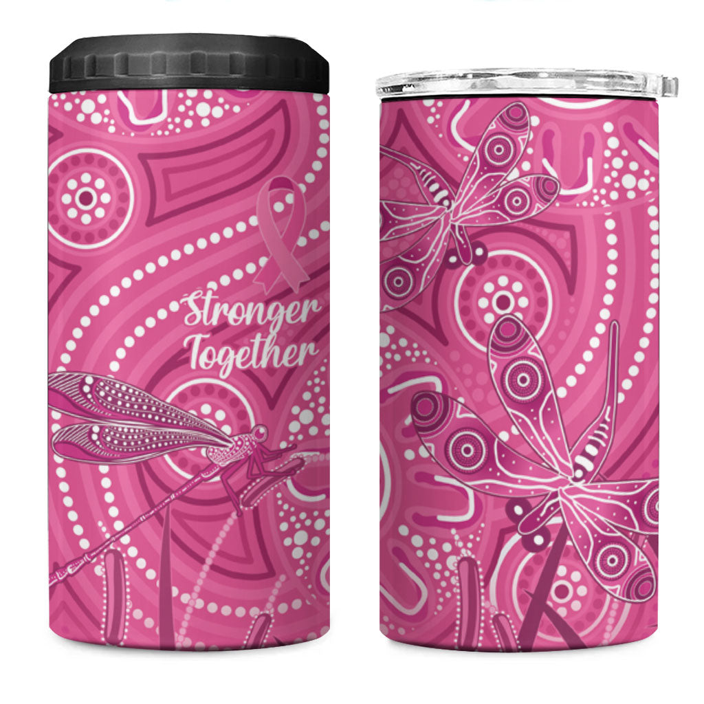 Australia Indigenous Pink Month 4 in 1 Can Cooler Tumbler Breast Cancer Aboriginal Dragonflies Ribbon