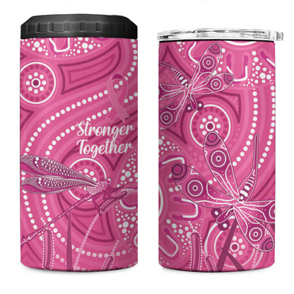 Australia Indigenous Pink Month 4 in 1 Can Cooler Tumbler Breast Cancer Aboriginal Dragonflies Ribbon