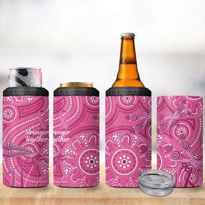 Australia Indigenous Pink Month 4 in 1 Can Cooler Tumbler Breast Cancer Aboriginal Dragonflies Ribbon