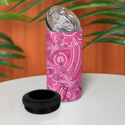 Australia Indigenous Pink Month 4 in 1 Can Cooler Tumbler Breast Cancer Aboriginal Dragonflies Ribbon