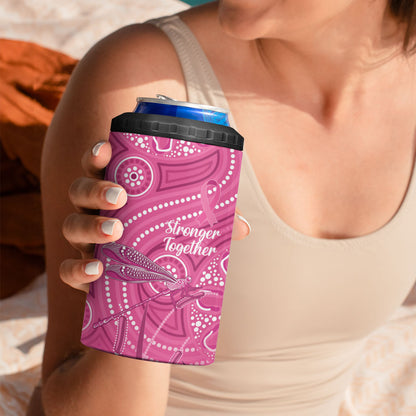 Australia Indigenous Pink Month 4 in 1 Can Cooler Tumbler Breast Cancer Aboriginal Dragonflies Ribbon