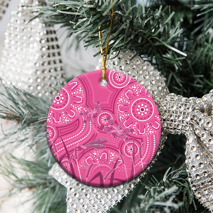 Australia Indigenous Pink Month Ceramic Ornament Breast Cancer Aboriginal Dragonflies Ribbon