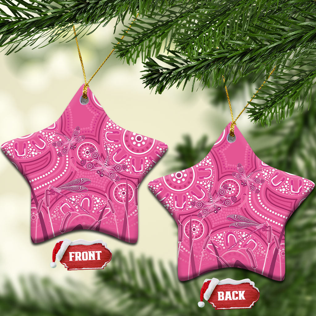 Australia Indigenous Pink Month Ceramic Ornament Breast Cancer Aboriginal Dragonflies Ribbon