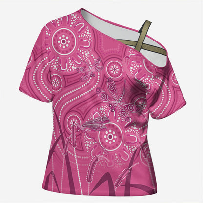 Australia Indigenous Pink Month Cross Shoulder Shirt Breast Cancer Aboriginal Dragonflies Ribbon