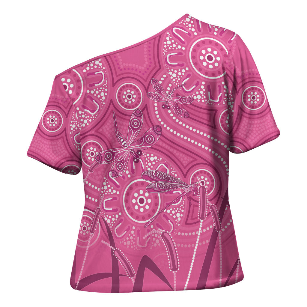 Australia Indigenous Pink Month Cross Shoulder Shirt Breast Cancer Aboriginal Dragonflies Ribbon
