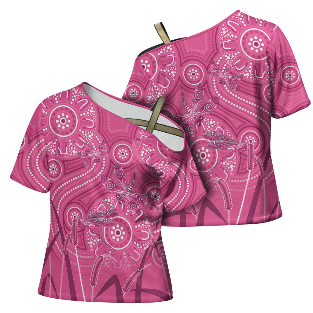 Australia Indigenous Pink Month Cross Shoulder Shirt Breast Cancer Aboriginal Dragonflies Ribbon