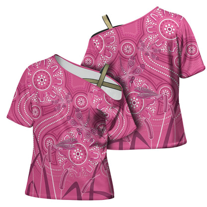 Australia Indigenous Pink Month Cross Shoulder Shirt Breast Cancer Aboriginal Dragonflies Ribbon