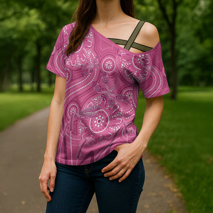 Australia Indigenous Pink Month Cross Shoulder Shirt Breast Cancer Aboriginal Dragonflies Ribbon