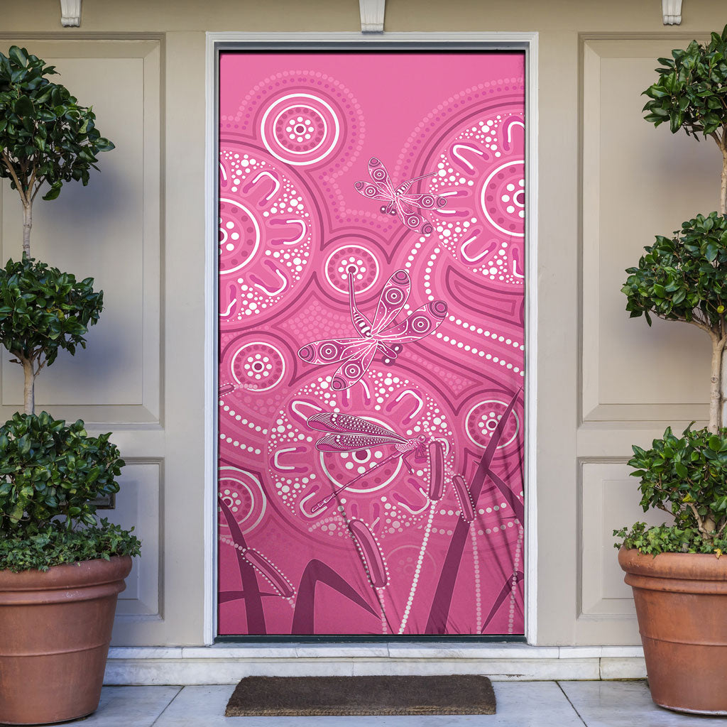 Australia Indigenous Pink Month Door Cover Breast Cancer Aboriginal Dragonflies Ribbon