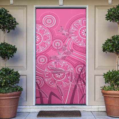Australia Indigenous Pink Month Door Cover Breast Cancer Aboriginal Dragonflies Ribbon