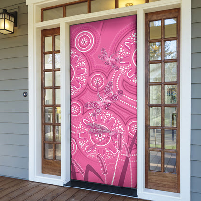 Australia Indigenous Pink Month Door Cover Breast Cancer Aboriginal Dragonflies Ribbon