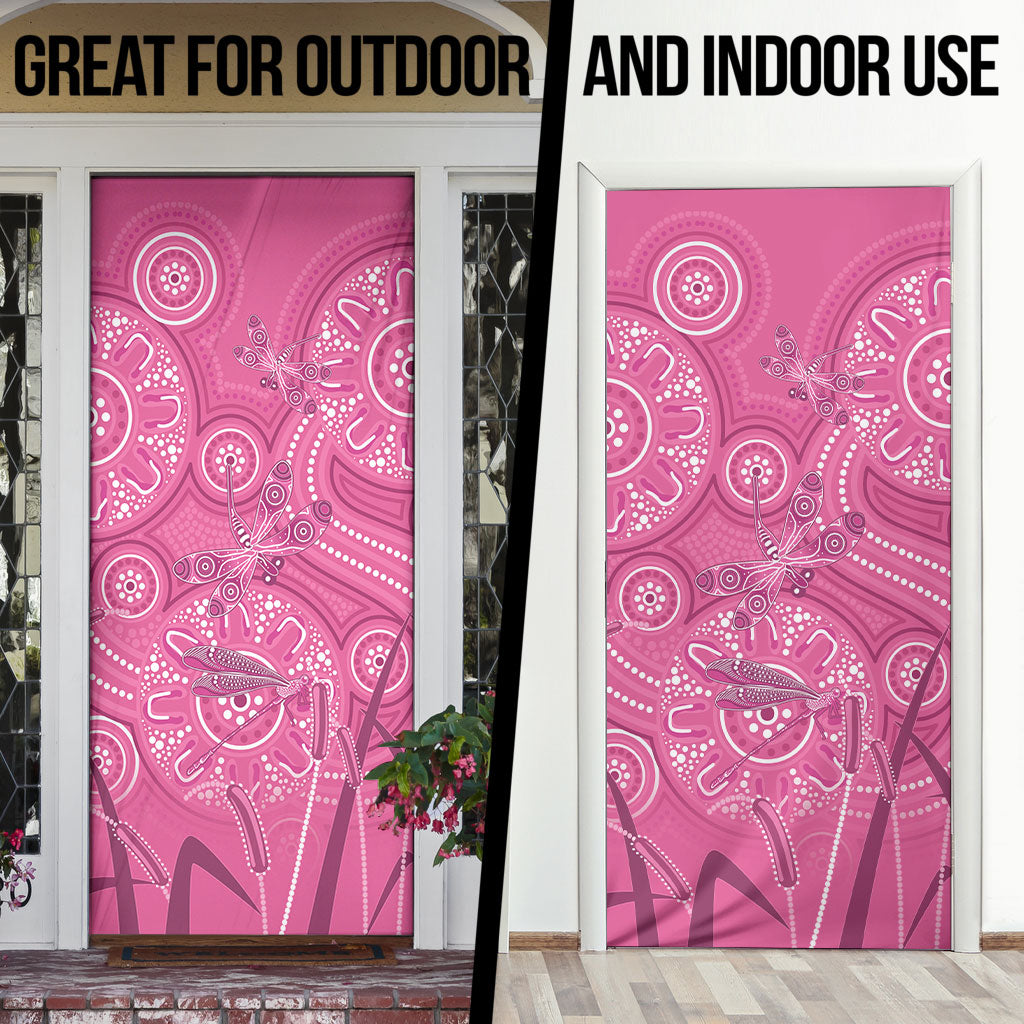 Australia Indigenous Pink Month Door Cover Breast Cancer Aboriginal Dragonflies Ribbon