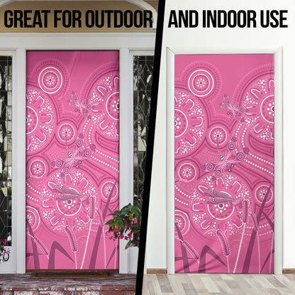 Australia Indigenous Pink Month Door Cover Breast Cancer Aboriginal Dragonflies Ribbon