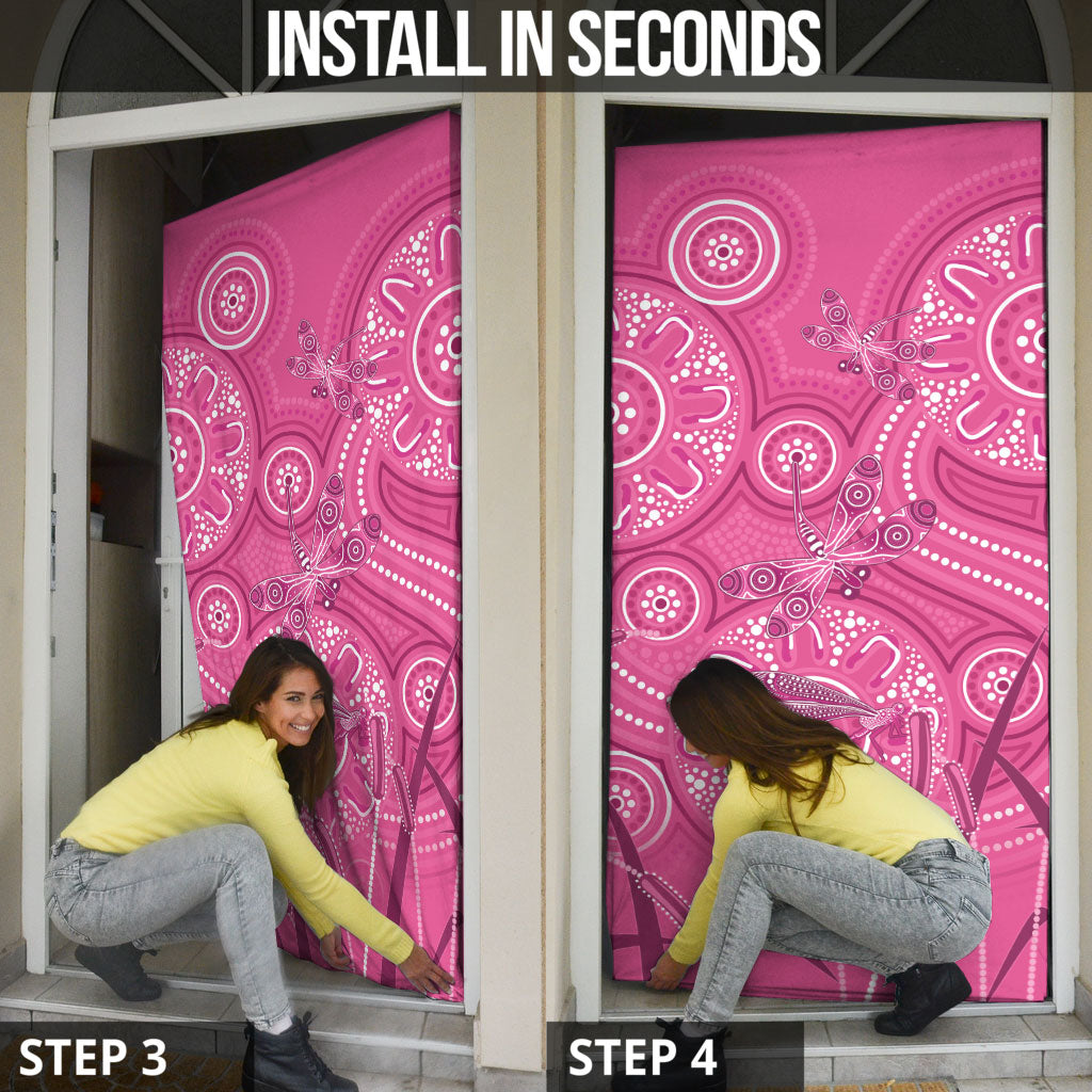 Australia Indigenous Pink Month Door Cover Breast Cancer Aboriginal Dragonflies Ribbon