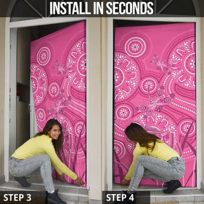 Australia Indigenous Pink Month Door Cover Breast Cancer Aboriginal Dragonflies Ribbon
