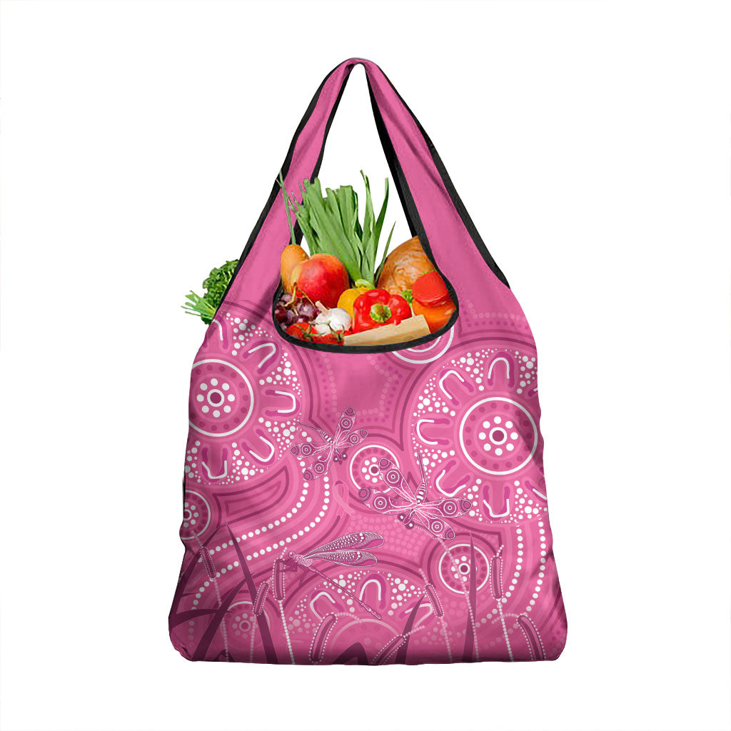 Australia Indigenous Pink Month Grocery Bag Breast Cancer Aboriginal Dragonflies Ribbon