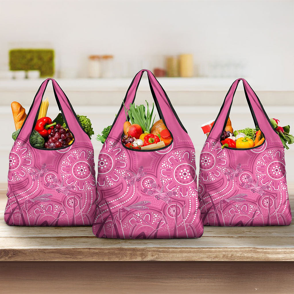 Australia Indigenous Pink Month Grocery Bag Breast Cancer Aboriginal Dragonflies Ribbon