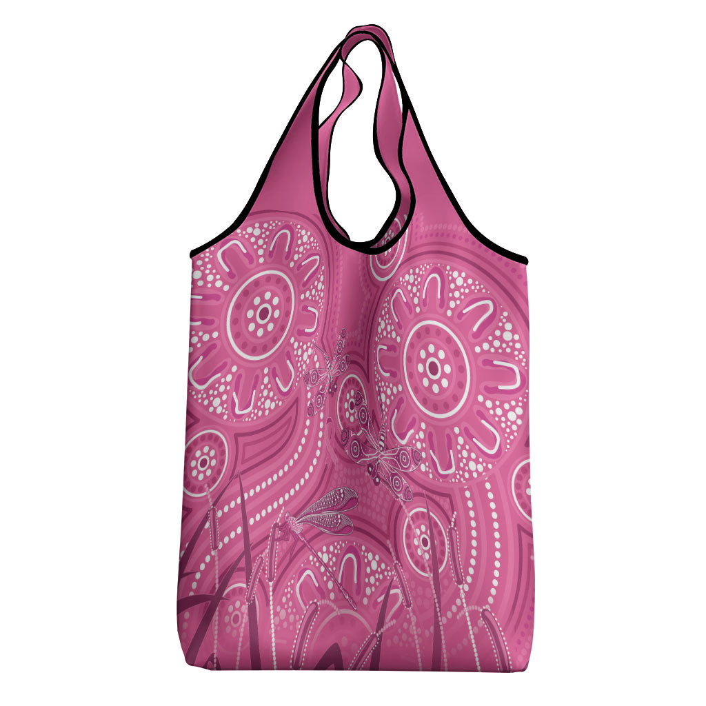 Australia Indigenous Pink Month Grocery Bag Breast Cancer Aboriginal Dragonflies Ribbon