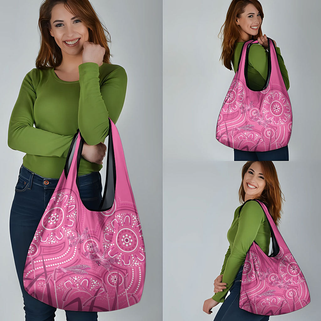 Australia Indigenous Pink Month Grocery Bag Breast Cancer Aboriginal Dragonflies Ribbon