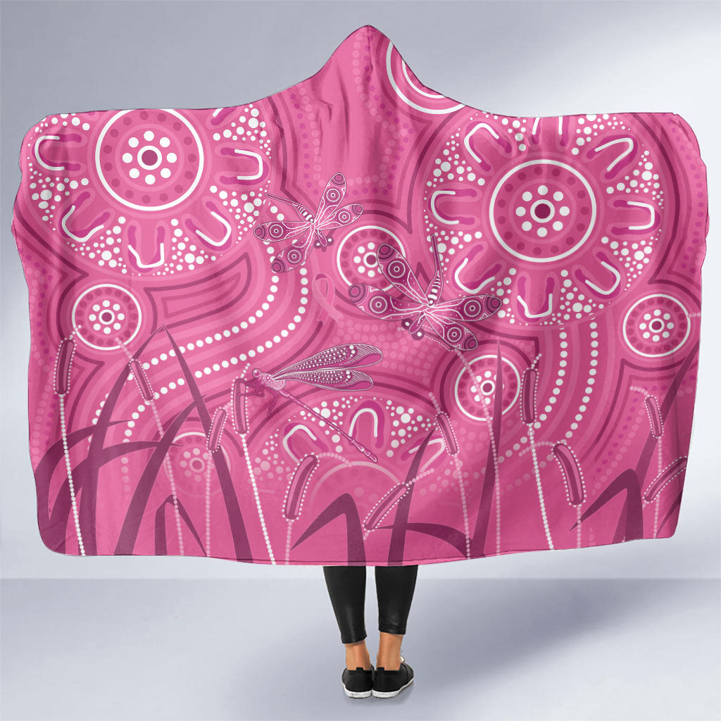 Australia Indigenous Pink Month Hooded Blanket Breast Cancer Aboriginal Dragonflies Ribbon