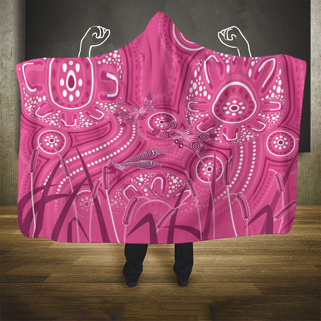 Australia Indigenous Pink Month Hooded Blanket Breast Cancer Aboriginal Dragonflies Ribbon