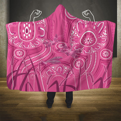 Australia Indigenous Pink Month Hooded Blanket Breast Cancer Aboriginal Dragonflies Ribbon