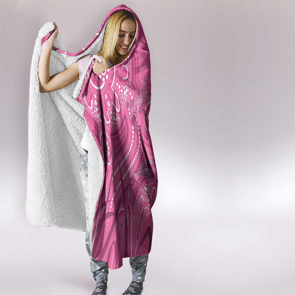 Australia Indigenous Pink Month Hooded Blanket Breast Cancer Aboriginal Dragonflies Ribbon