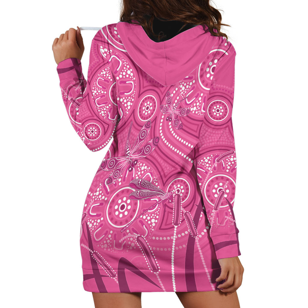 Australia Indigenous Pink Month Hoodie Dress Breast Cancer Aboriginal Dragonflies Ribbon