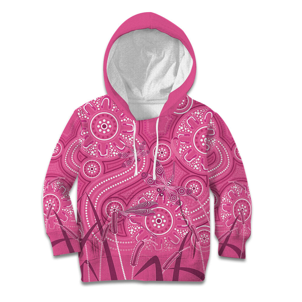 Australia Indigenous Pink Month Kid Hoodie Breast Cancer Aboriginal Dragonflies Ribbon