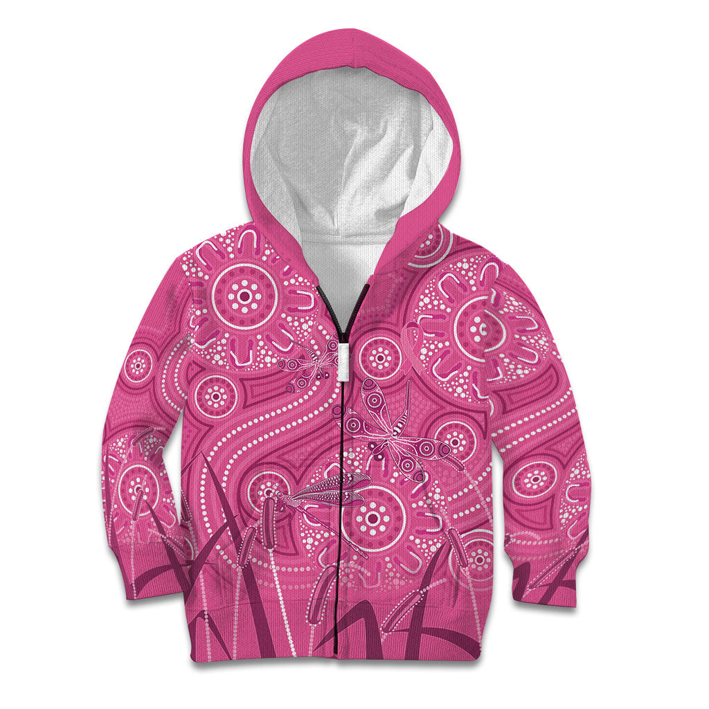 Australia Indigenous Pink Month Kid Hoodie Breast Cancer Aboriginal Dragonflies Ribbon