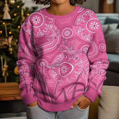 Australia Indigenous Pink Month Kid Ugly Christmas Sweater Breast Cancer Aboriginal Dragonflies Ribbon